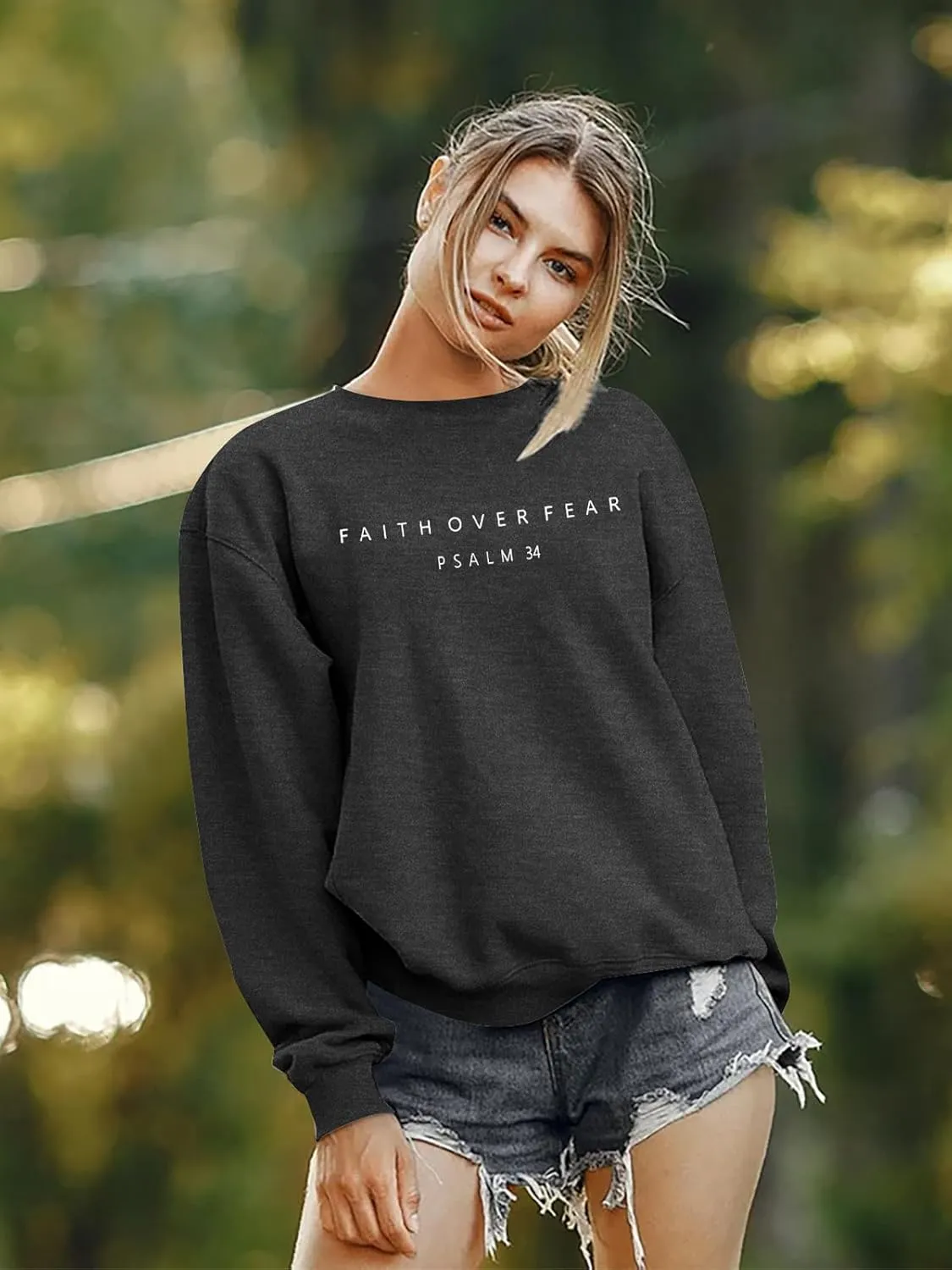 FRYAID Christian Sweatshirt Women Faith Over Fear Christian Religious Sayings Pullover Shirt Letter Print Long Sleeve Tops