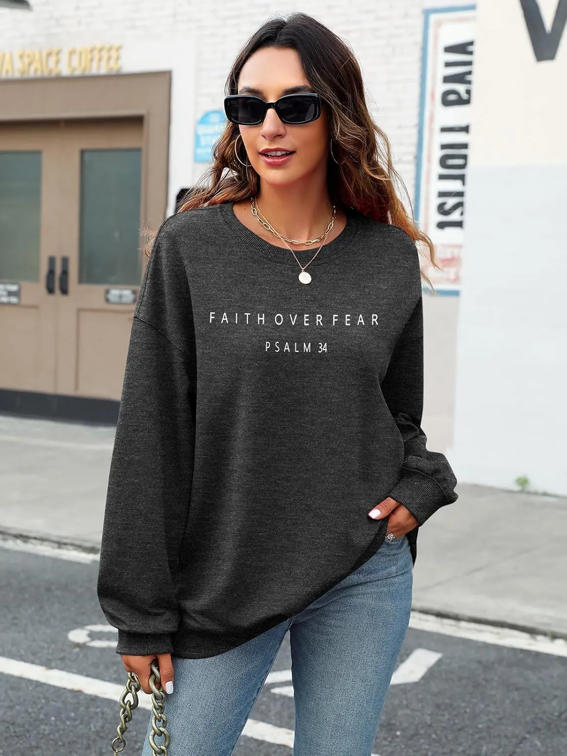 FRYAID Christian Sweatshirt Women Faith Over Fear Christian Religious Sayings Pullover Shirt Letter Print Long Sleeve Tops