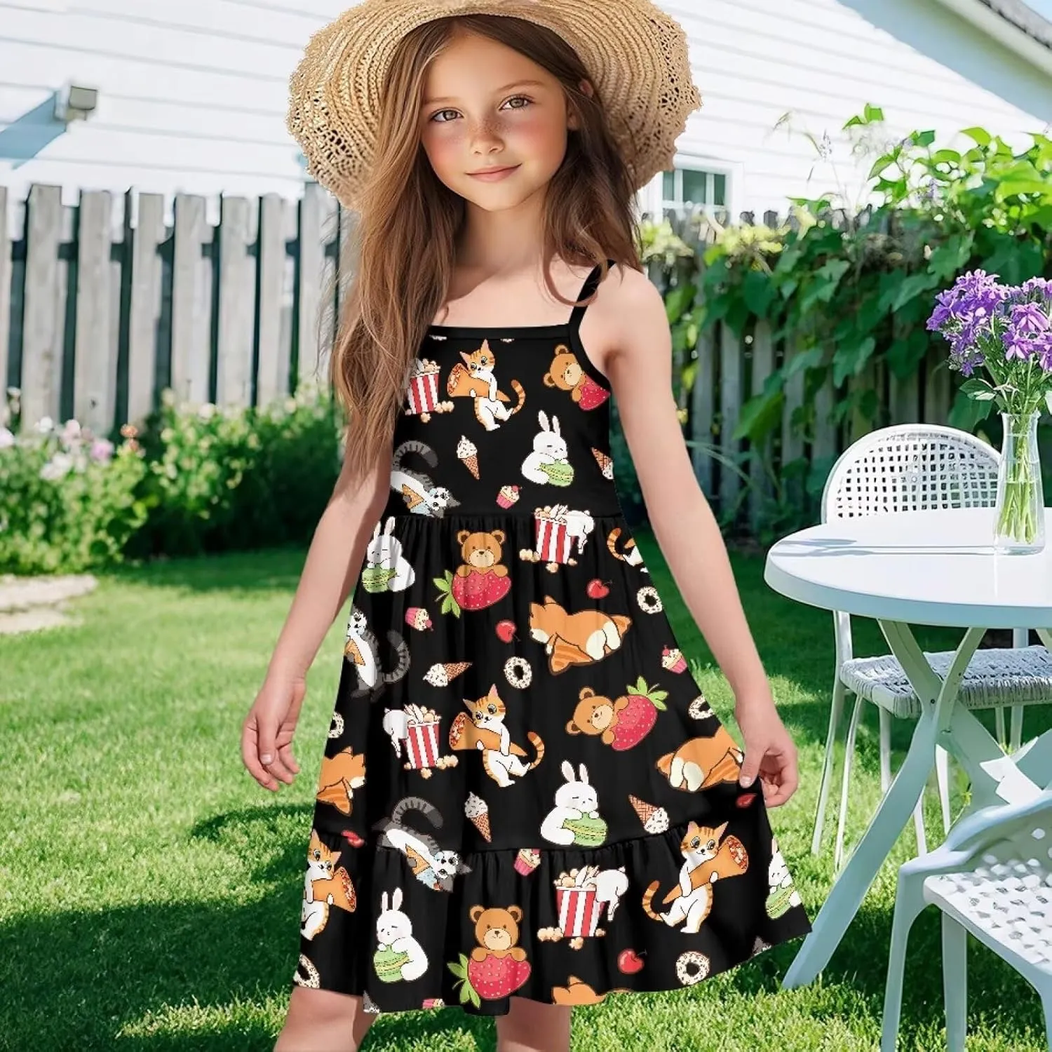 Girls Spaghetti Strap Summer Dress Ruffle Pleated Midi Dresses for School Home 3-16 Y