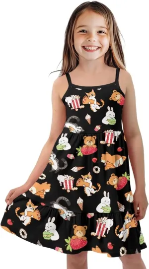 Girls Spaghetti Strap Summer Dress Ruffle Pleated Midi Dresses for School Home 3-16 Y