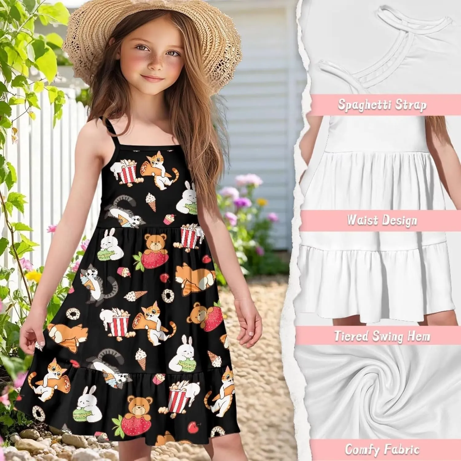 Girls Spaghetti Strap Summer Dress Ruffle Pleated Midi Dresses for School Home 3-16 Y