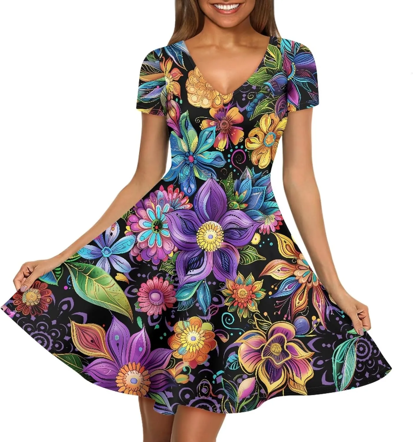 GLUDEAR Women Casual Dress Van Gogh 3D Print V-Neck Short Sleeves A-Line Swing Midi Dresses