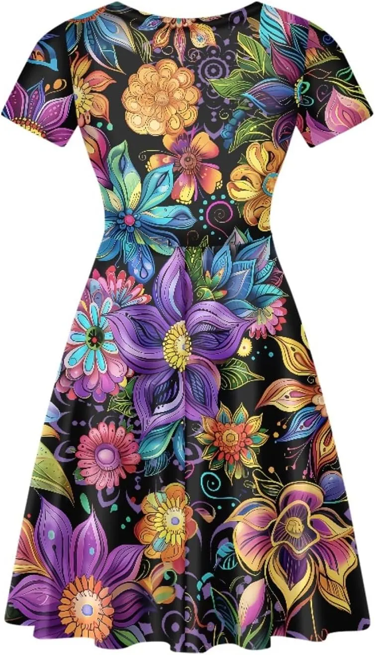 GLUDEAR Women Casual Dress Van Gogh 3D Print V-Neck Short Sleeves A-Line Swing Midi Dresses