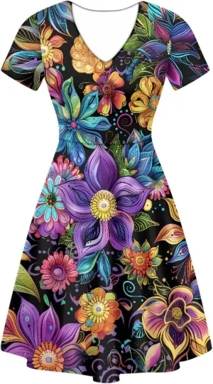 GLUDEAR Women Casual Dress Van Gogh 3D Print V-Neck Short Sleeves A-Line Swing Midi Dresses