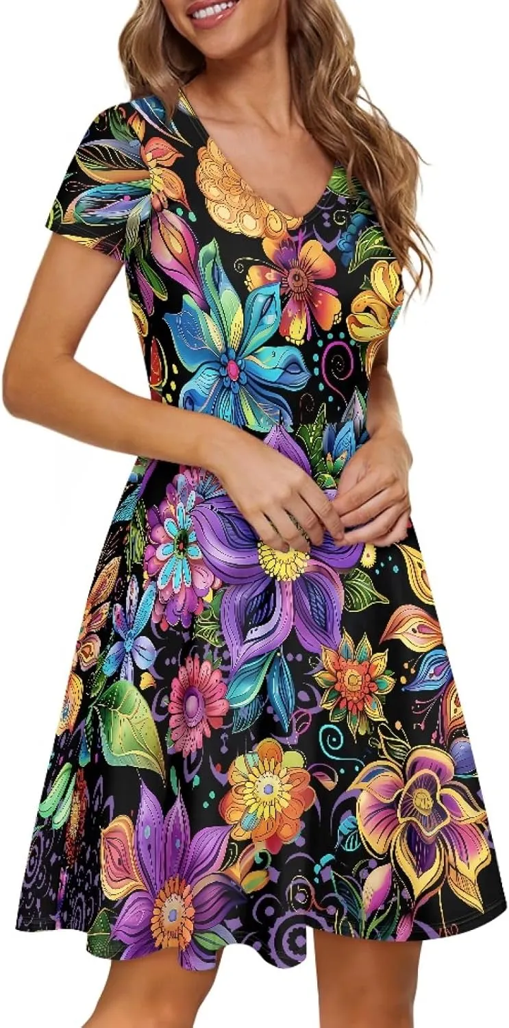GLUDEAR Women Casual Dress Van Gogh 3D Print V-Neck Short Sleeves A-Line Swing Midi Dresses