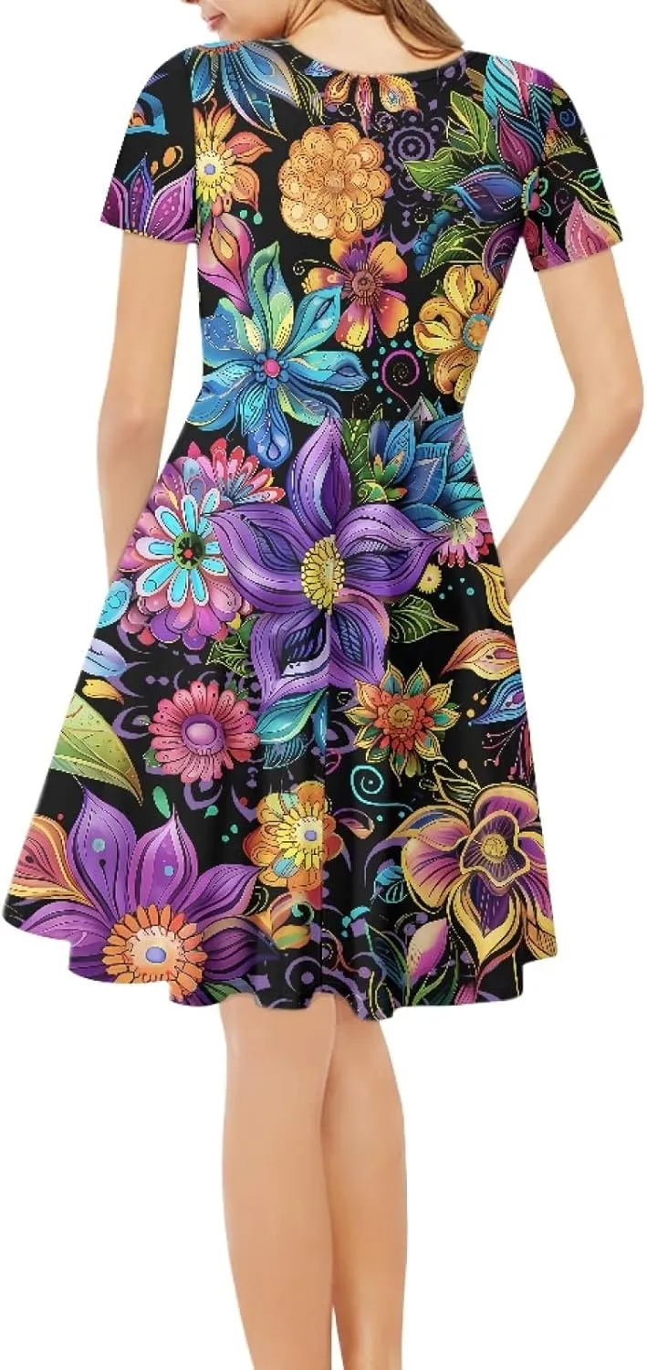 GLUDEAR Women Casual Dress Van Gogh 3D Print V-Neck Short Sleeves A-Line Swing Midi Dresses