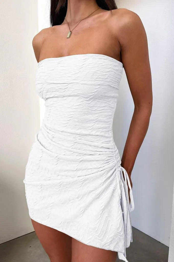 GOKATOSAU Women's Floral Strapless Fold Over Neckline Split Drawstring Bodycon Ruched Mini Dress