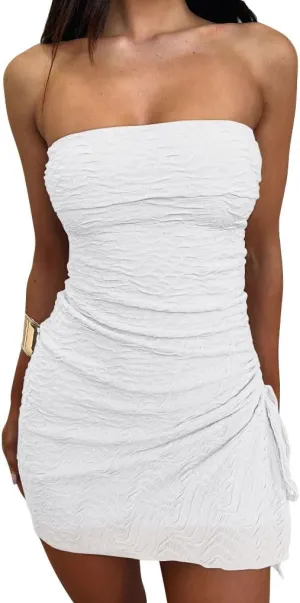 GOKATOSAU Women's Floral Strapless Fold Over Neckline Split Drawstring Bodycon Ruched Mini Dress