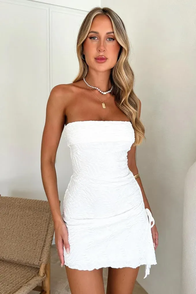 GOKATOSAU Women's Floral Strapless Fold Over Neckline Split Drawstring Bodycon Ruched Mini Dress