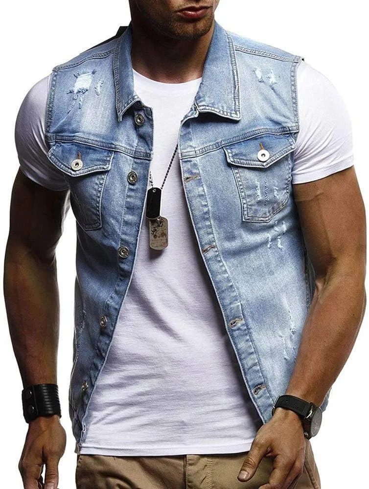 GOKKILRW Mens Casual Button Up Loose Denim Vests Sleeveless Slim Fit Vintage Casual Ripped Jean Waistcoat Motorcycle Jacket