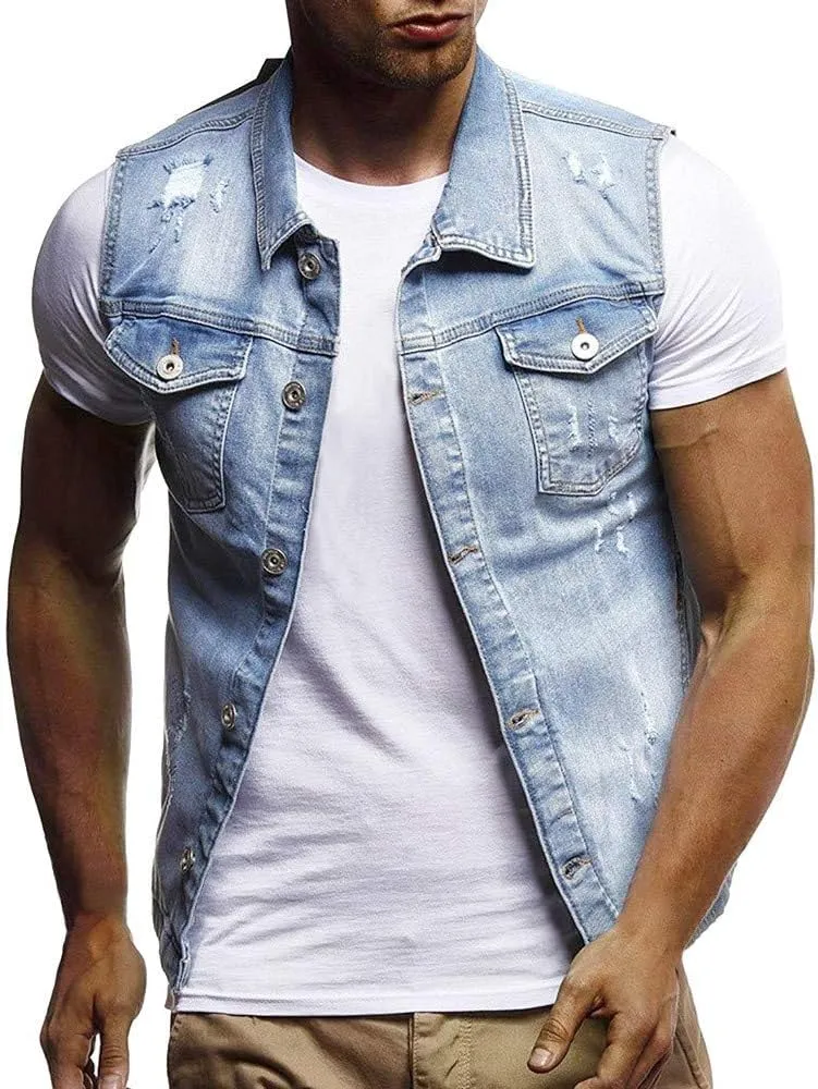 GOKKILRW Mens Casual Button Up Loose Denim Vests Sleeveless Slim Fit Vintage Casual Ripped Jean Waistcoat Motorcycle Jacket