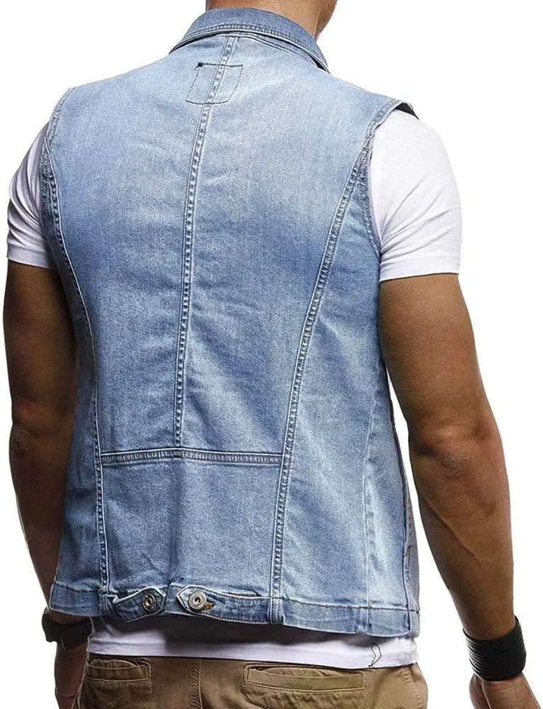 GOKKILRW Mens Casual Button Up Loose Denim Vests Sleeveless Slim Fit Vintage Casual Ripped Jean Waistcoat Motorcycle Jacket