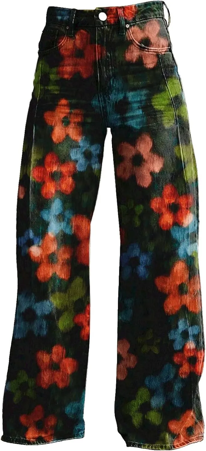GOKKILRW Wide Leg Pants Woman High Waist Floral Patterned Pants Lightweight Loose Fit Casual Colorful Trouser Imitation Jeans