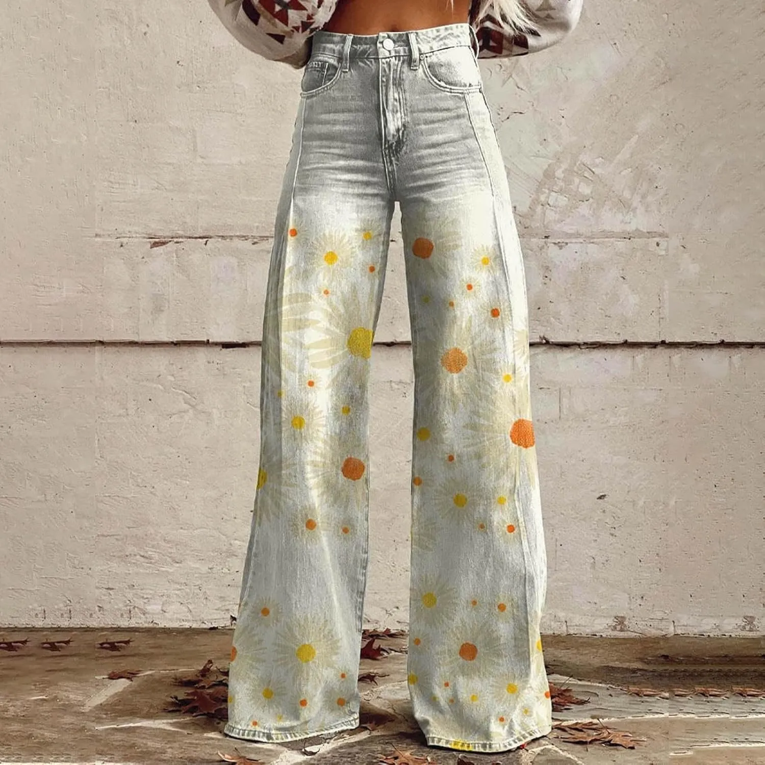 GOKKILRW Wide Leg Pants Woman High Waist Floral Patterned Pants Lightweight Loose Fit Casual Colorful Trouser Imitation Jeans