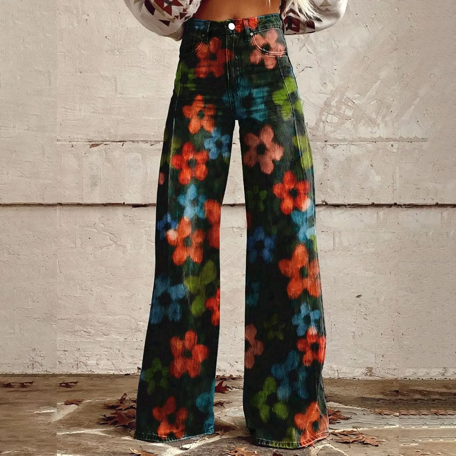 GOKKILRW Wide Leg Pants Woman High Waist Floral Patterned Pants Lightweight Loose Fit Casual Colorful Trouser Imitation Jeans