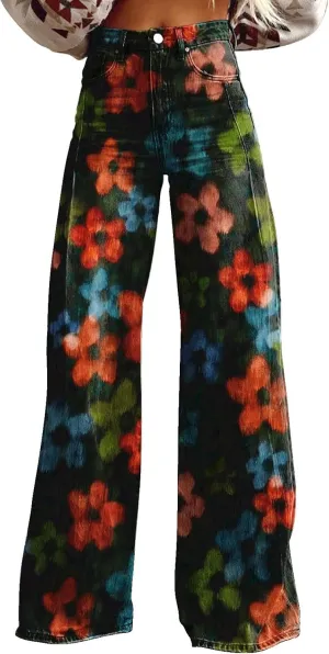 GOKKILRW Wide Leg Pants Woman High Waist Floral Patterned Pants Lightweight Loose Fit Casual Colorful Trouser Imitation Jeans