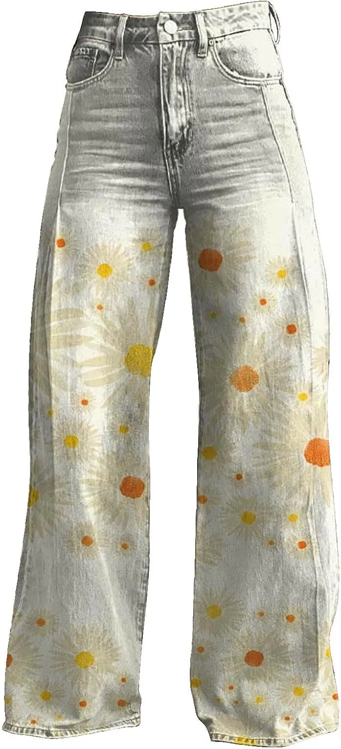 GOKKILRW Wide Leg Pants Woman High Waist Floral Patterned Pants Lightweight Loose Fit Casual Colorful Trouser Imitation Jeans