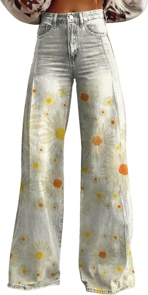 GOKKILRW Wide Leg Pants Woman High Waist Floral Patterned Pants Lightweight Loose Fit Casual Colorful Trouser Imitation Jeans
