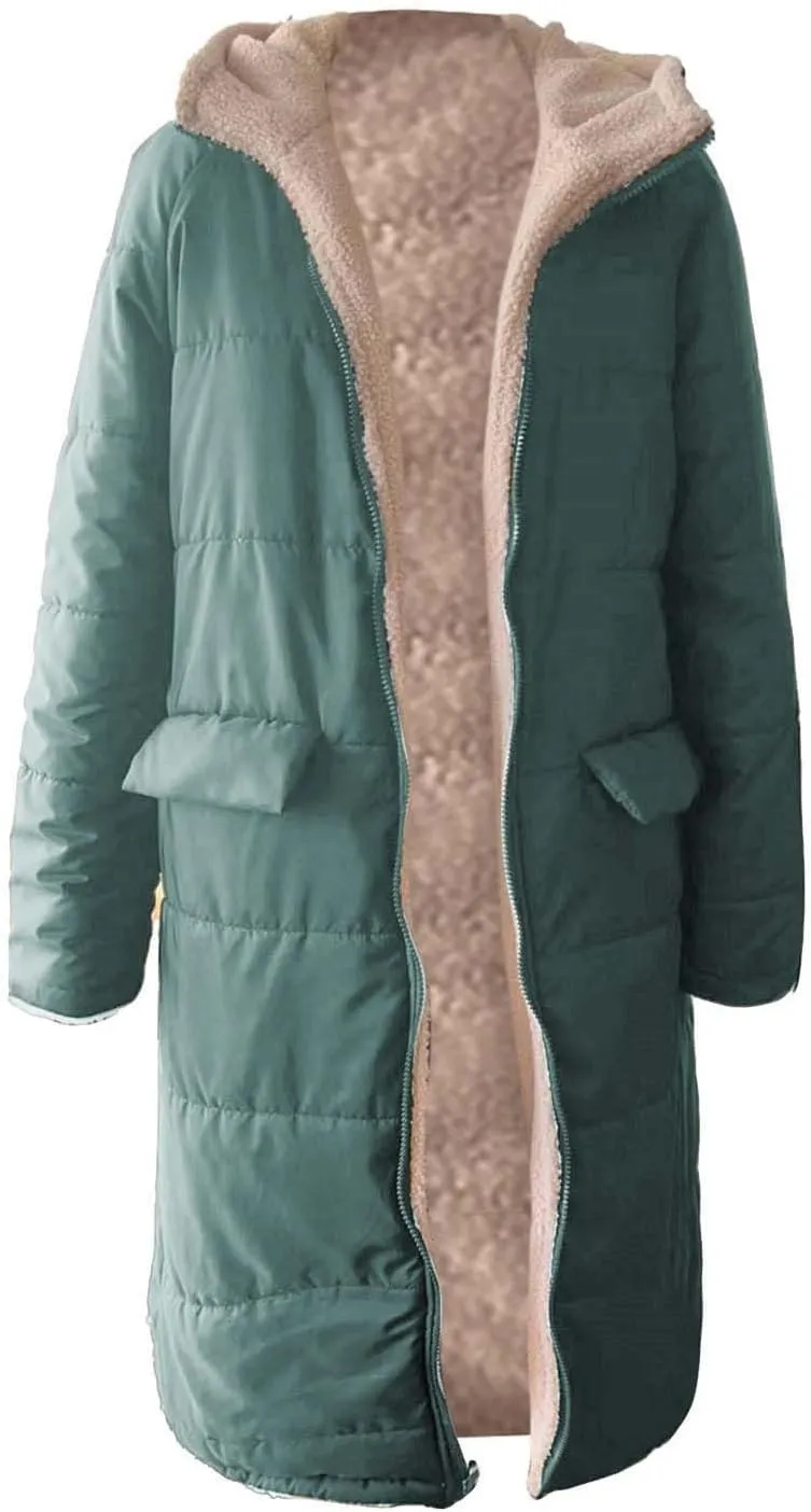 GOKKILRW Womens Long Fleece Down Coats Shearling Sherpa Quilted Jacket with Hood 2024 Winter Fashion Clothes Oversized Jacket