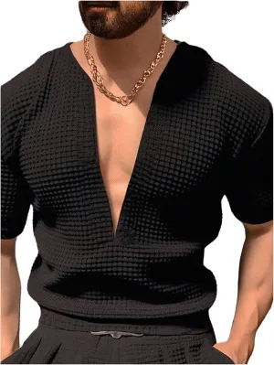 GORGLITTER Men's Deep V Neck Waffle Knit Shirt Casual Short Sleeve Solid Tee Shirts