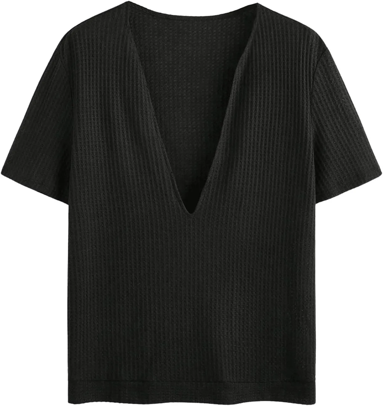 GORGLITTER Men's Deep V Neck Waffle Knit Shirt Casual Short Sleeve Solid Tee Shirts