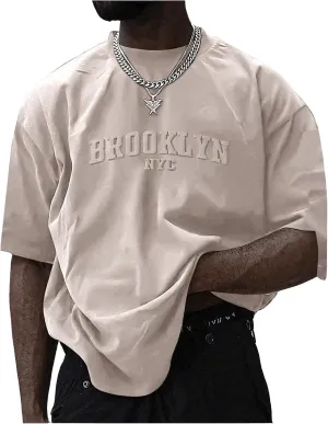 GORGLITTER Men's Oversized T Shirt Letter Graphic Short Sleeve Drop Shoulder Crewneck Tee Tops