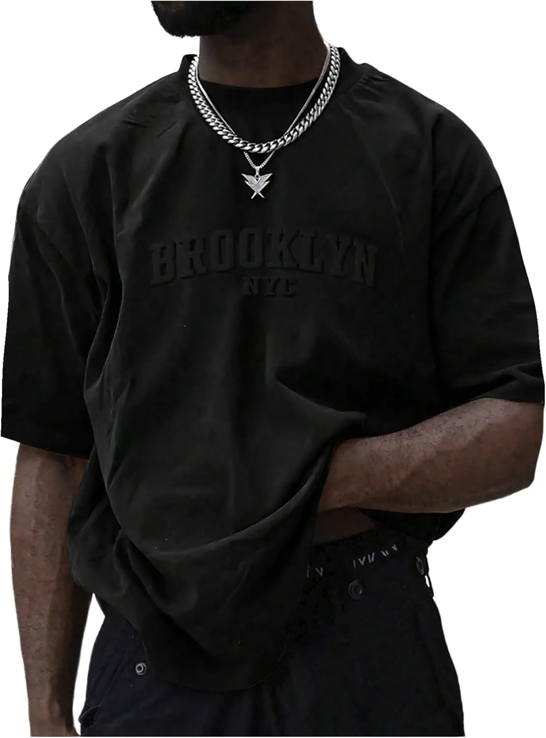 GORGLITTER Men's Oversized T Shirt Letter Graphic Short Sleeve Drop Shoulder Crewneck Tee Tops