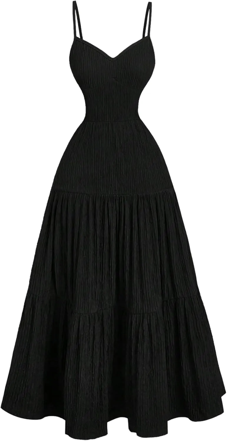 GORGLITTER Women's Open Back Flowy Maxi Dress Ruffle Summer Long Sundress Dress Spaghetti Strap Beach Vacation Dresses