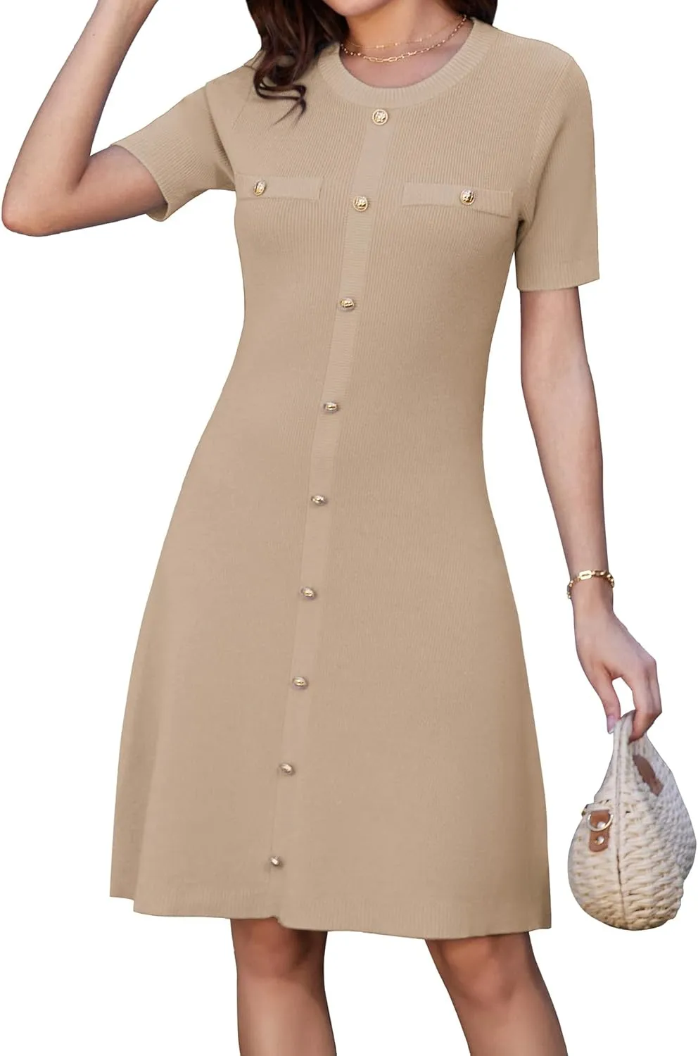 GRACE KARIN Womens 2025 Ribbed Knit Tweed Dresses Short Sleeve Crewneck A Line Mini Sweater Dress with Decorative Buttons