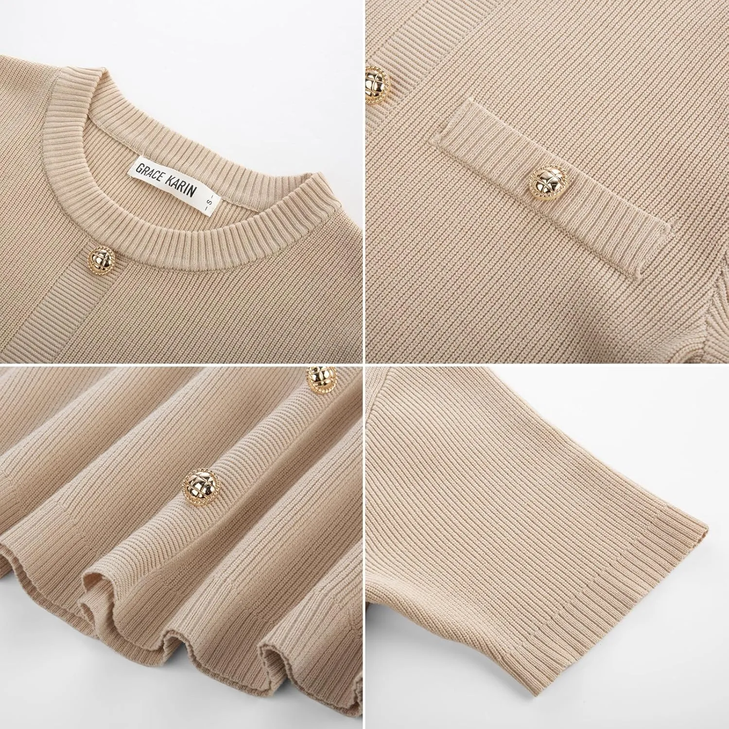 GRACE KARIN Womens 2025 Ribbed Knit Tweed Dresses Short Sleeve Crewneck A Line Mini Sweater Dress with Decorative Buttons