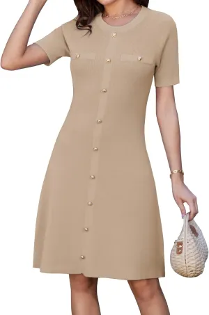 GRACE KARIN Womens 2025 Ribbed Knit Tweed Dresses Short Sleeve Crewneck A Line Mini Sweater Dress with Decorative Buttons