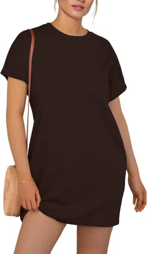 GRECERELLE Women's 2025 Casual Summer Shirt Dress Loose Round Neck Mini Wrinkle-Free Sundress with Pocket