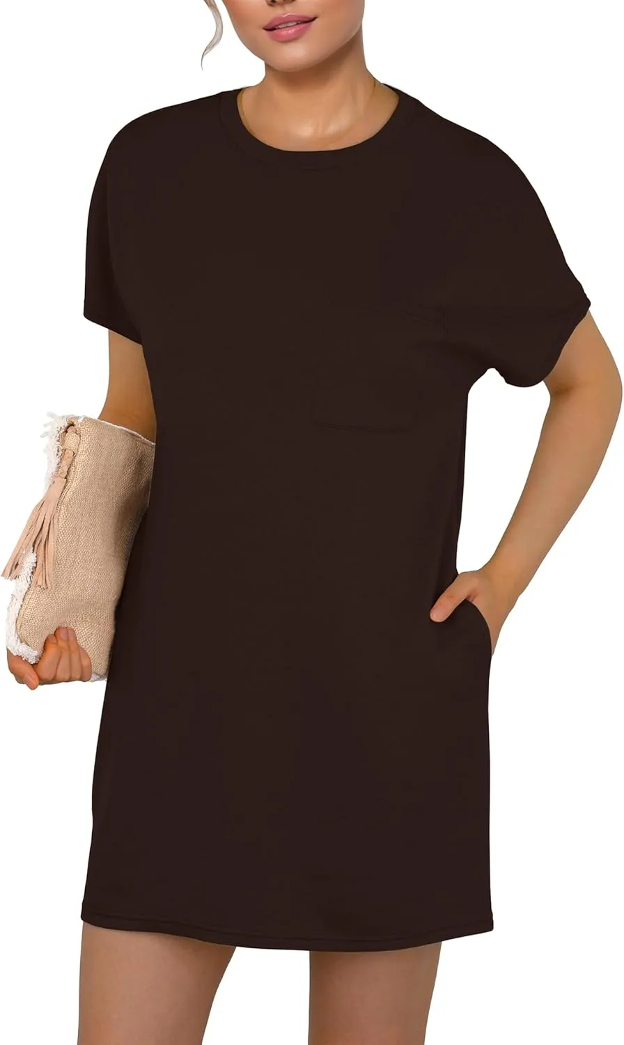 GRECERELLE Women's 2025 Casual Summer Shirt Dress Loose Round Neck Mini Wrinkle-Free Sundress with Pocket