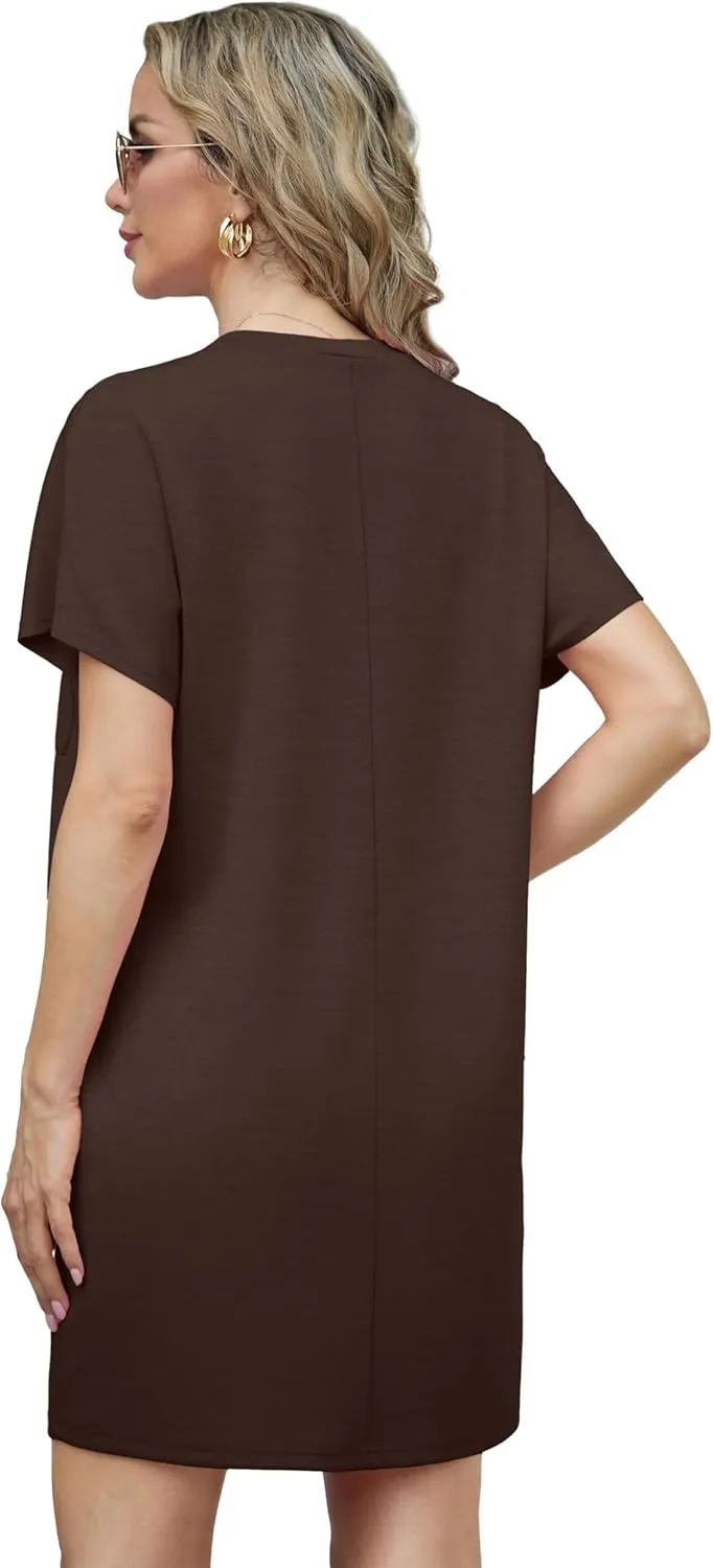 GRECERELLE Women's 2025 Casual Summer Shirt Dress Loose Round Neck Mini Wrinkle-Free Sundress with Pocket
