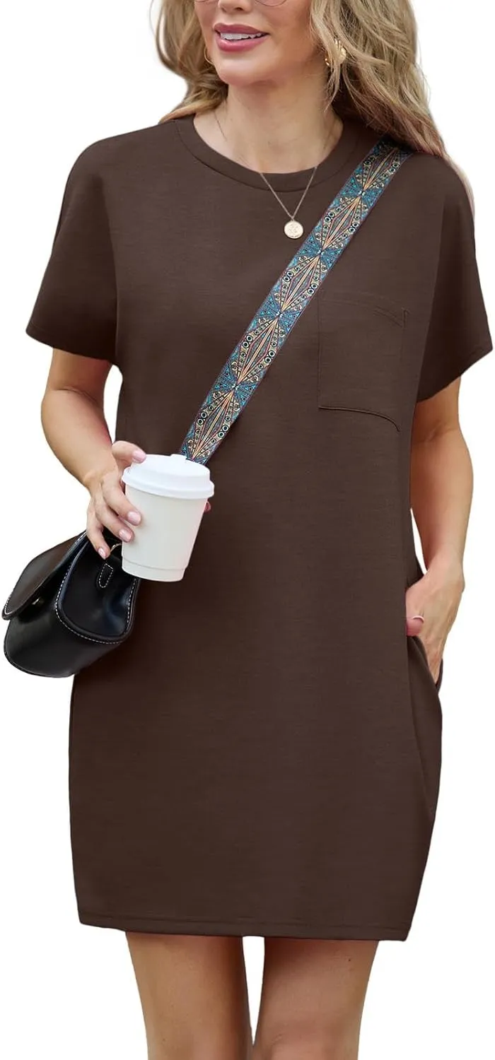 GRECERELLE Women's 2025 Casual Summer Shirt Dress Loose Round Neck Mini Wrinkle-Free Sundress with Pocket