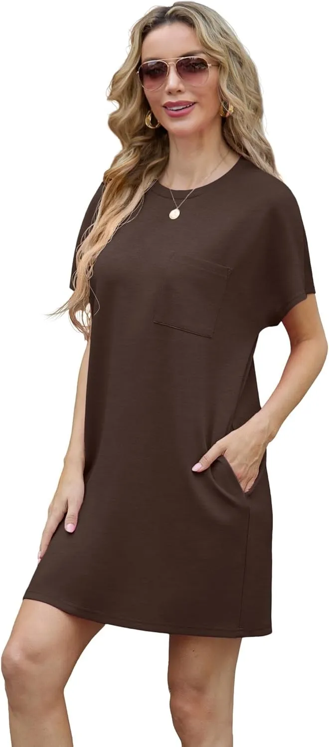 GRECERELLE Women's 2025 Casual Summer Shirt Dress Loose Round Neck Mini Wrinkle-Free Sundress with Pocket