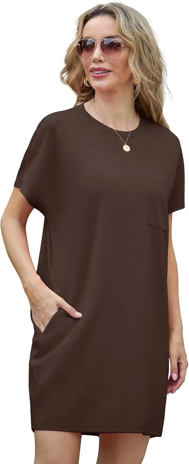 GRECERELLE Women's 2025 Casual Summer Shirt Dress Loose Round Neck Mini Wrinkle-Free Sundress with Pocket