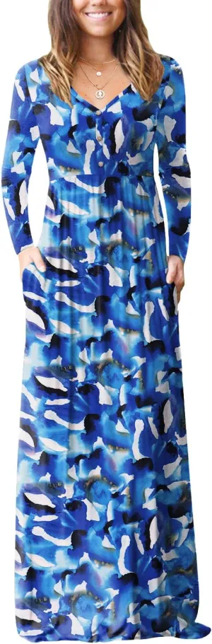 GRECERELLE Womens Maxi Dress 2024 Long Sleeve V Neck Casual Button Boho Tshirt Long Dress with Pockets