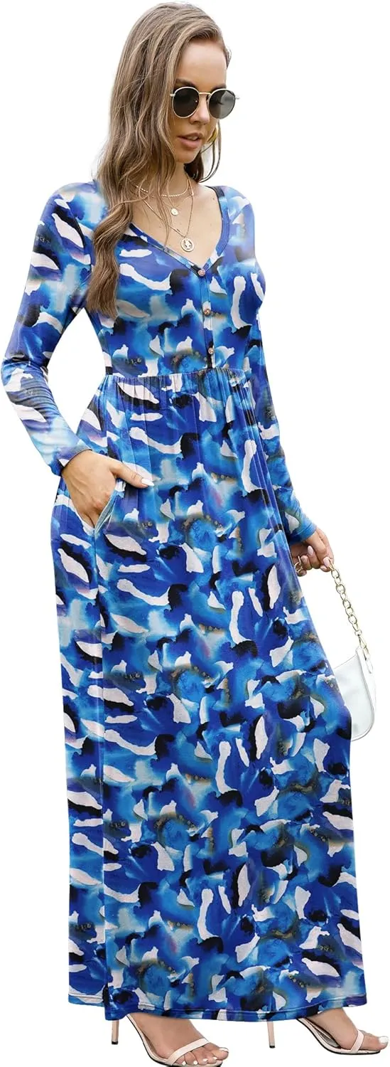 GRECERELLE Womens Maxi Dress 2024 Long Sleeve V Neck Casual Button Boho Tshirt Long Dress with Pockets