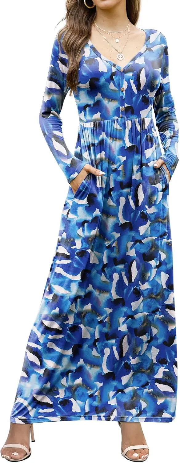GRECERELLE Womens Maxi Dress 2024 Long Sleeve V Neck Casual Button Boho Tshirt Long Dress with Pockets