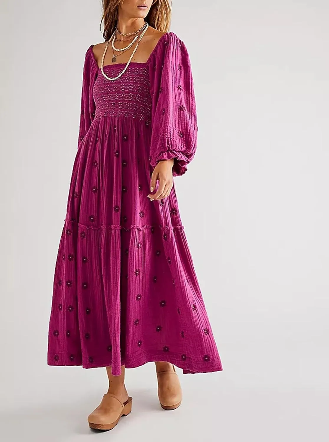 Guteidee Womens Long Lantern Sleeve Flower Embroidered Maxi Dress Casual Square Neck Tiered Flowy Spring Long Dress