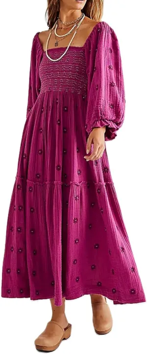 Guteidee Womens Long Lantern Sleeve Flower Embroidered Maxi Dress Casual Square Neck Tiered Flowy Spring Long Dress