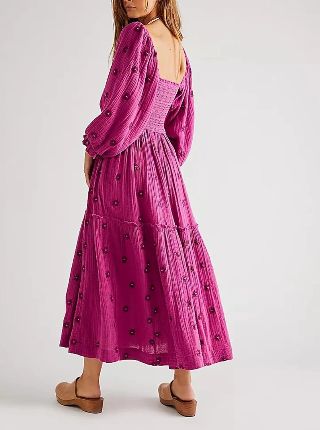 Guteidee Womens Long Lantern Sleeve Flower Embroidered Maxi Dress Casual Square Neck Tiered Flowy Spring Long Dress