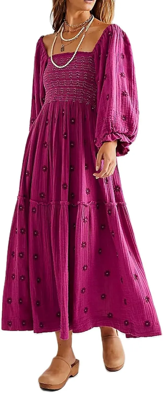 Guteidee Womens Long Lantern Sleeve Flower Embroidered Maxi Dress Casual Square Neck Tiered Flowy Spring Long Dress