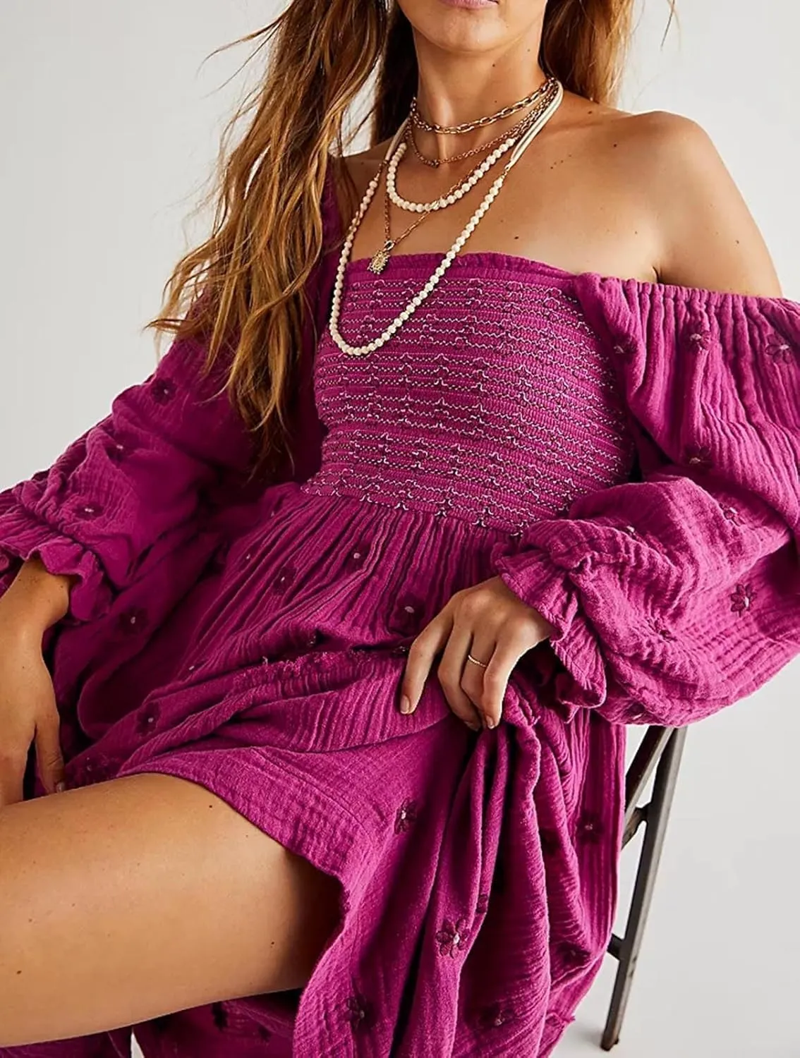Guteidee Womens Long Lantern Sleeve Flower Embroidered Maxi Dress Casual Square Neck Tiered Flowy Spring Long Dress
