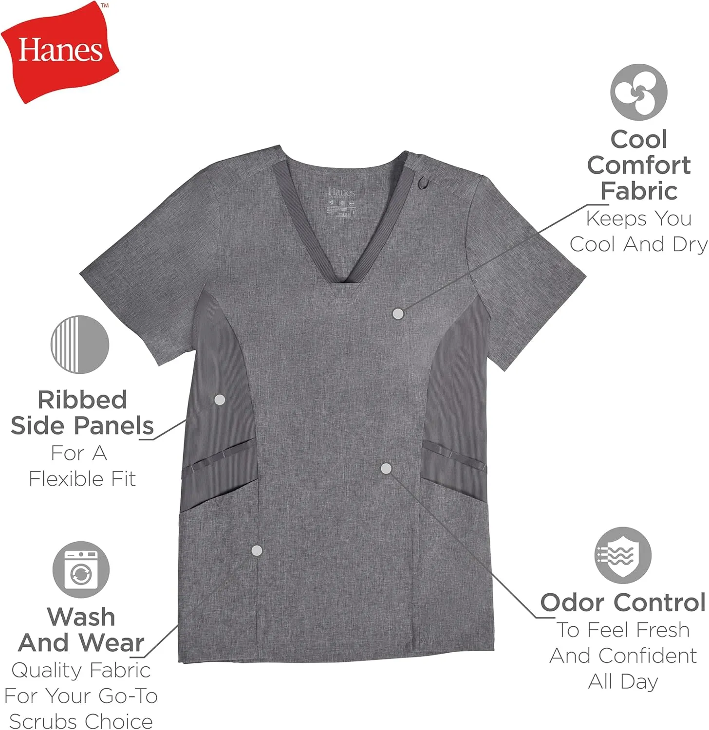 Hanes Women's Scrubs Healthcare Top, Moisture-Wicking Stretch Scrub Shirts, Ribbed Side Panels