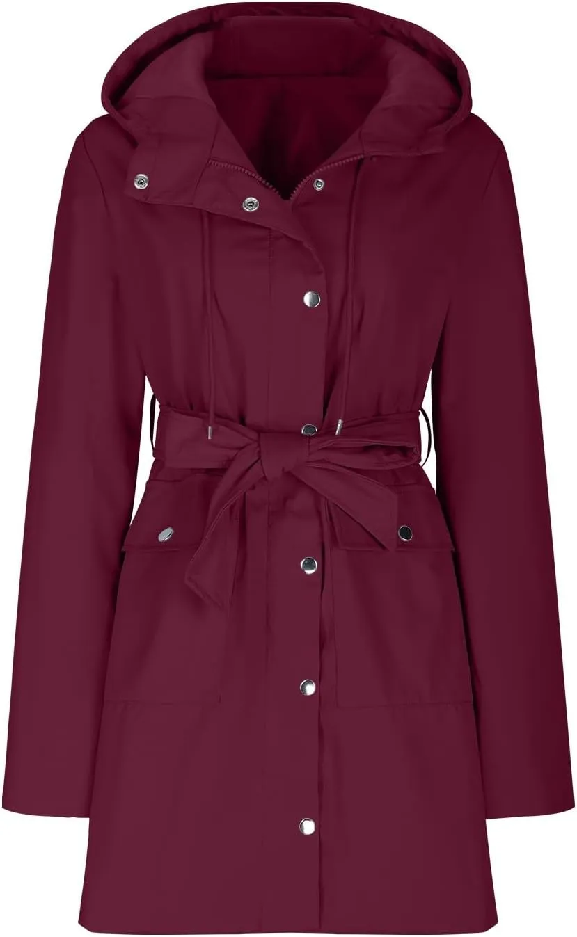 HGps8w Women's Raincoat Belted Waist Waterproof Hooded Trench Coats Lightweight Outdoor Windbreaker Long Travel Jackets