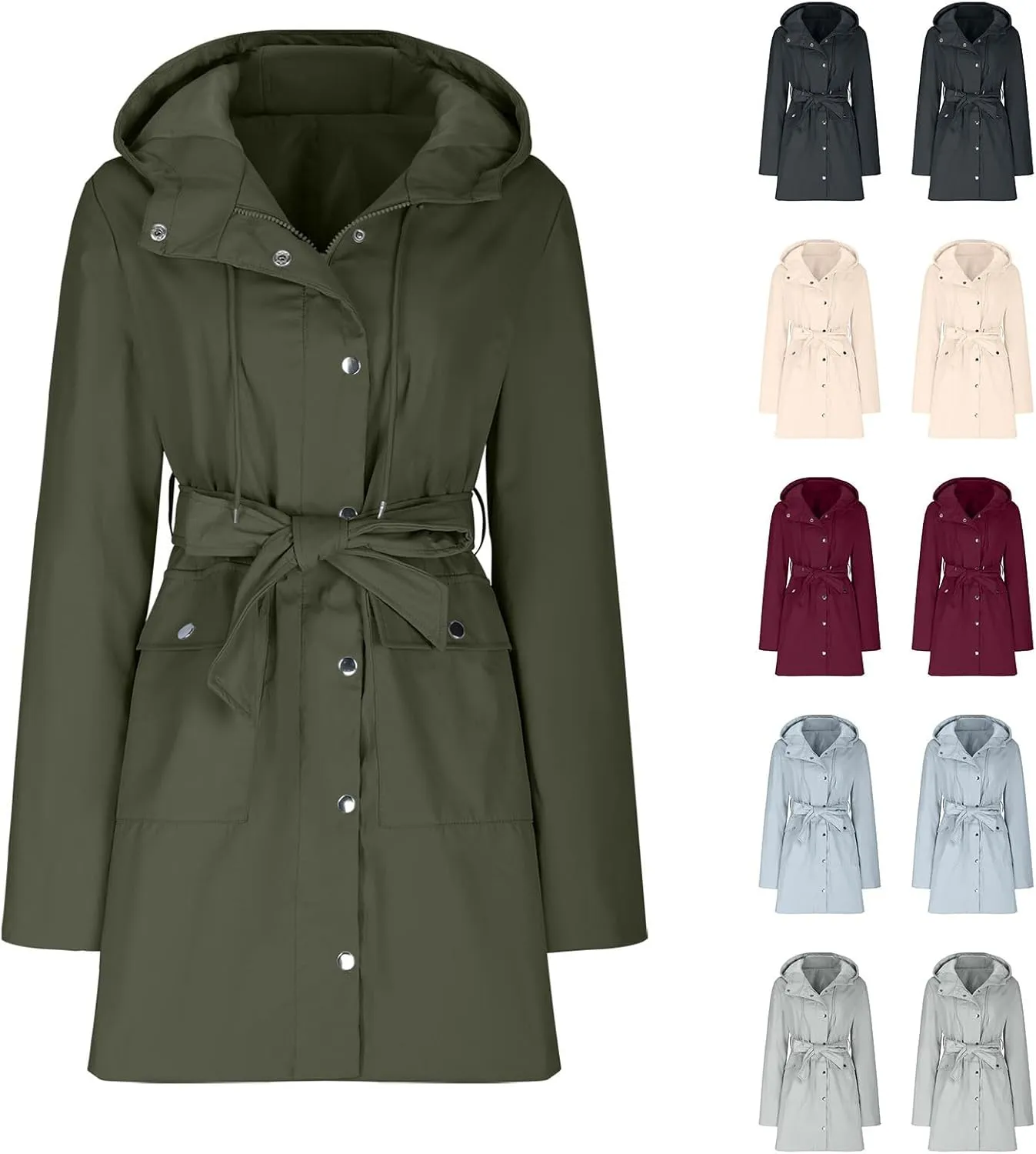 HGps8w Women's Raincoat Belted Waist Waterproof Hooded Trench Coats Lightweight Outdoor Windbreaker Long Travel Jackets