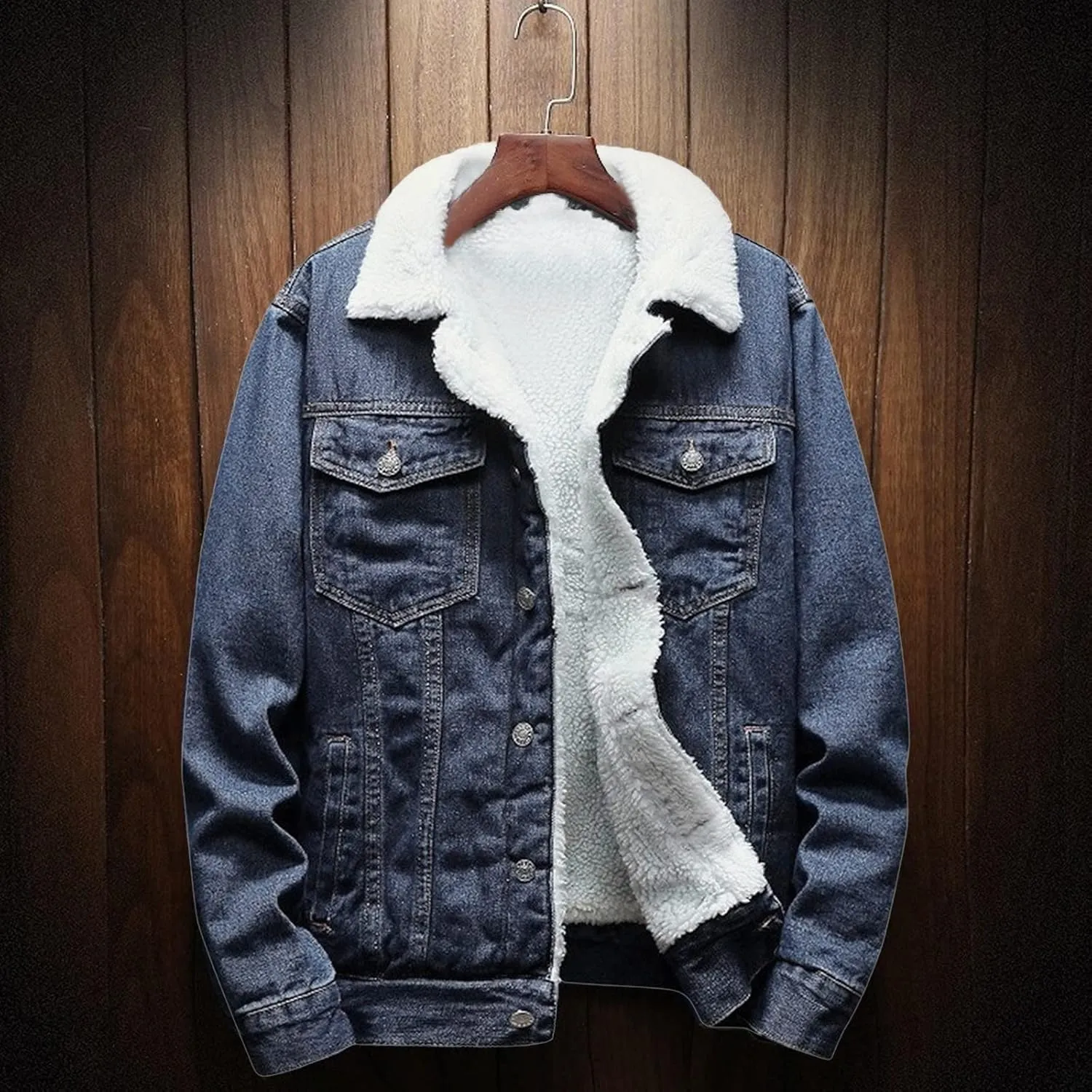 hlysgo Men's Sherpa Fleece Lined Denim Jacket Warm Winter Trucker Jacket Cowboy Long Sleeve Button Down Jean Jacket Coats