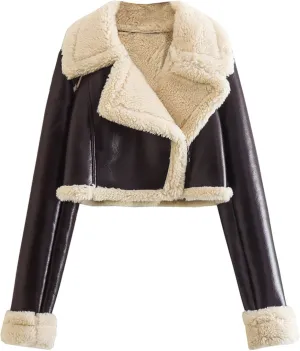 hlysgo Womens Faux Shearing Leather Jackets Sherpa-Lined Crop Coat Winter Bomber Jacket Short Outerwear Winter Clothes